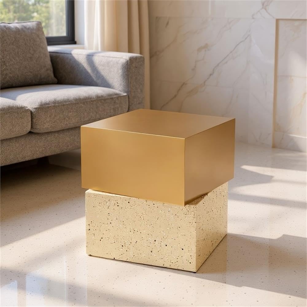 Pemberly Row Square End Table, 20.1 in Height, Electroplated Iron, Gold & Beige Finish, Rubber Feet, Contemporary Design for Living Room or Bedroom Decor