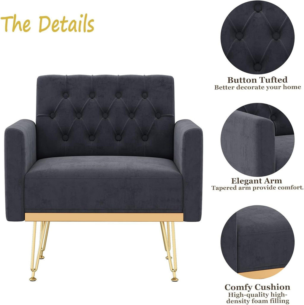 Olela Accent Chair with Arm for Living Room, Velvet Modern Armchair Single Sofa Cozy Tufted Upholstered Reading Side Chairs with Gold Metal Leg for Bedroom Decorate, Black
