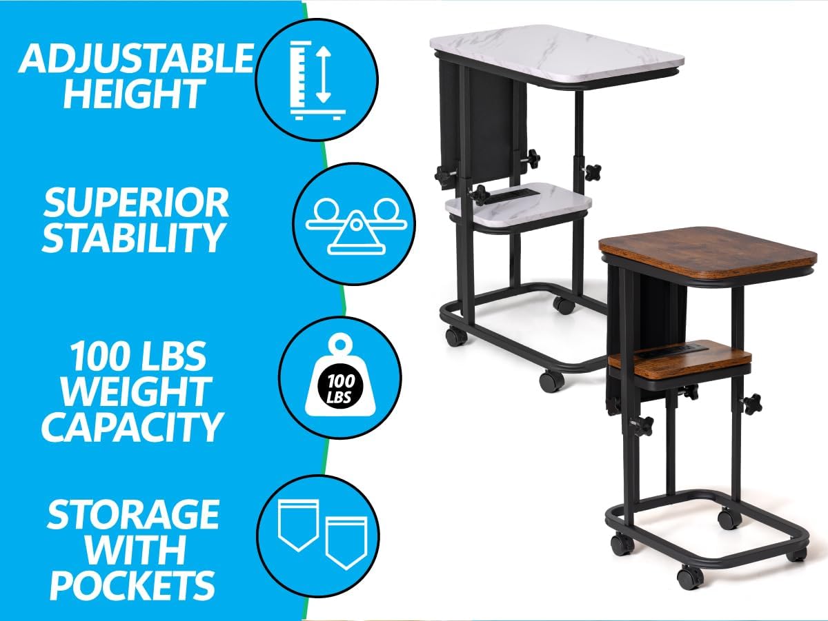 C Shaped End Table with Charging Station, Adjustable Height with Lockable Wheels & Storage Pouch, Rolling Side Table Slide Under Couch Laptop Desk, Small Sofa Table for Living Room (Small)