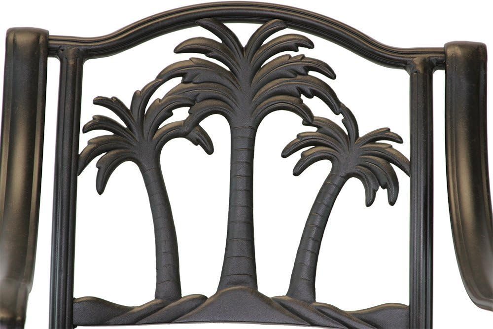 Palm Tree Outdoor Patio Set 4pc Swivel Barstools 30" H Dark Bronze Cast Aluminum, Walnut Cushions