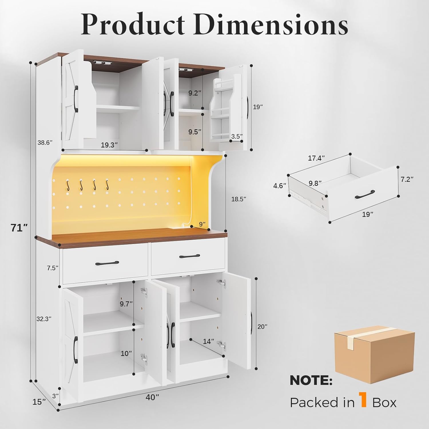 VK·LIVING 71" Kitchen Pantry Cabinet, Farmhouse Storage Cabinet with LED Lights & Charging Station, Coffee Bar Cabinet with Adjustable Shelves, 2 Drawers, Pegboard & Hooks, White