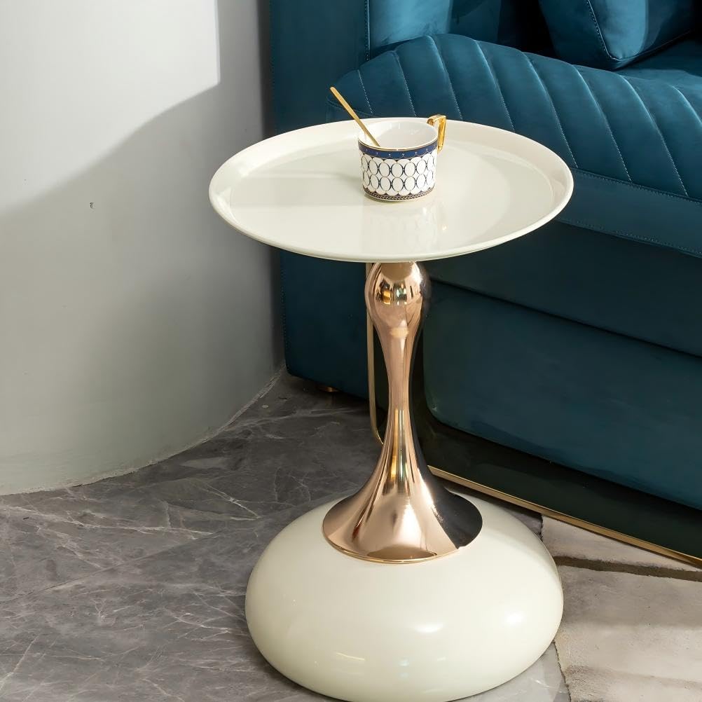 Round End Table with Rose Gold Base – Modern Metal Tray Top, Luxury Cream Side Table, Pedestal Accent Table for Living Room, Bedroom, or Nursery (Cream & Rose Gold)