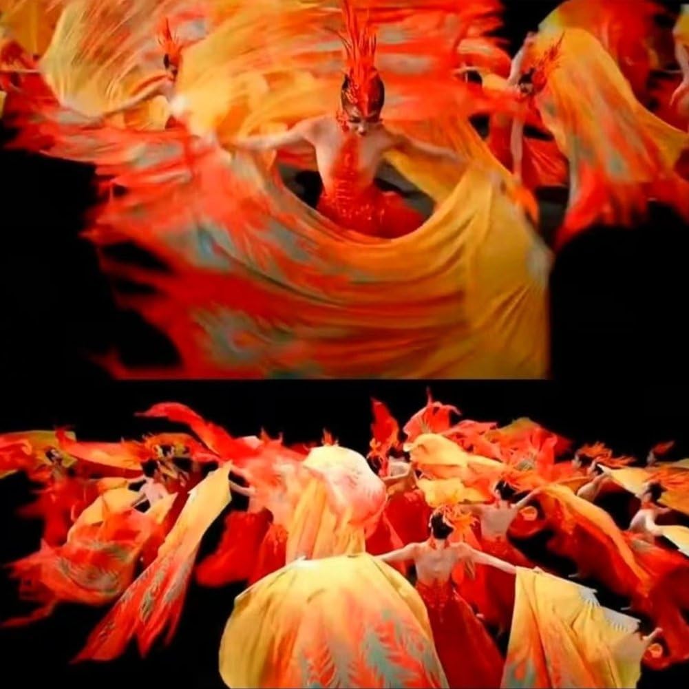 Belly Dance Fan Veil, Colorful Long Folding Bamboo Fan with Silk Streamers for Dancer Art Show Party Performance