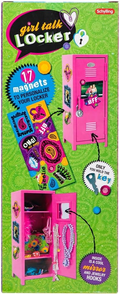Schylling Girls Talk Pink Mini Locker - 11.25" Decorative Metal Storage Locker with 17 Mix-and-Match Magnets, Lock, and Keys - Ages 4-12