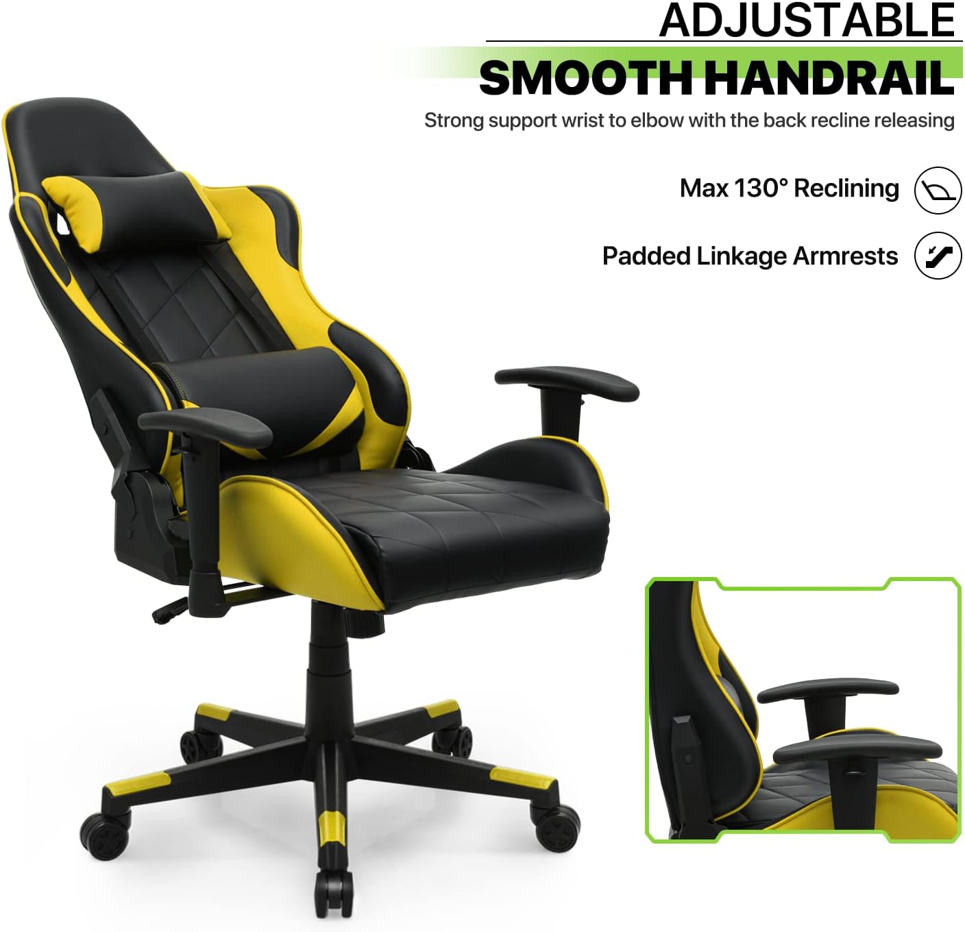 Magshion Gaming Chair, 90°-130° Reclining High-Back Gaming Chair with Lumbar Support, Ergonomic Adult Adjustable-Height Recliner for Home Office, 250 LBS Capacity, Yellow