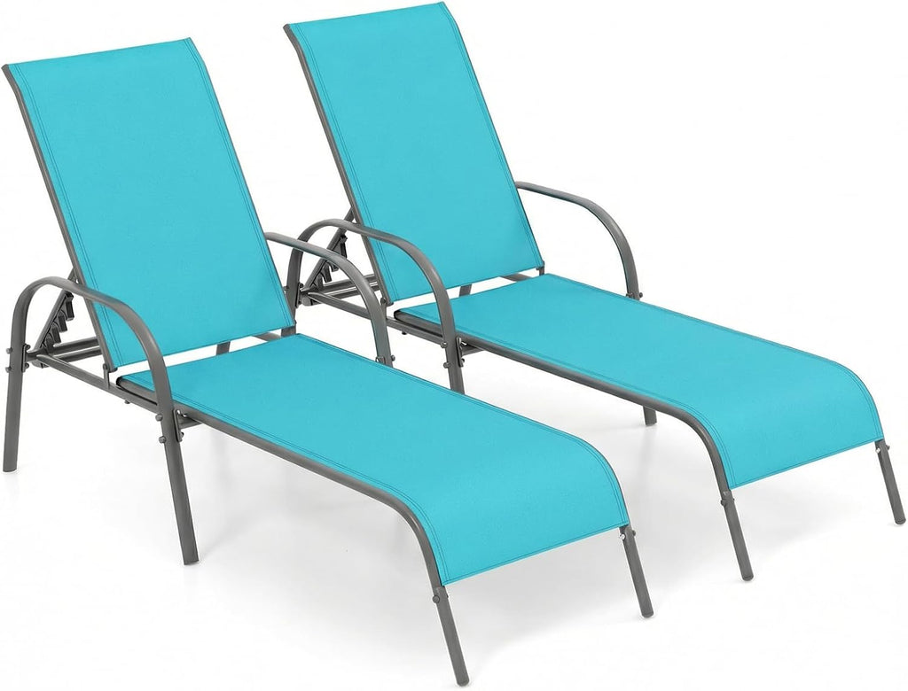 Tangkula Outdoor Lounge Chairs Set of 2, Patio Chaise Lounge with Adjustable Backrest, Reclining Pool Lounge Chairs for Outside with Heavy Duty Steel Frame for Beach, Yard, Balcony, Poolside