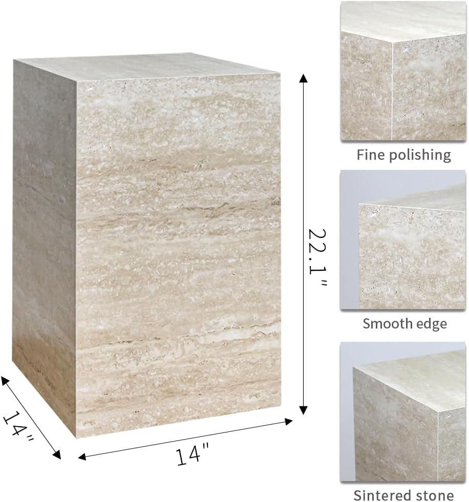 Modern Sintered Stone End Table for Living Room & Entryway, Sofa Table with Square Pedestal Base for Small Spaces, Fully Assembled & Low-Maintenance (Beige)