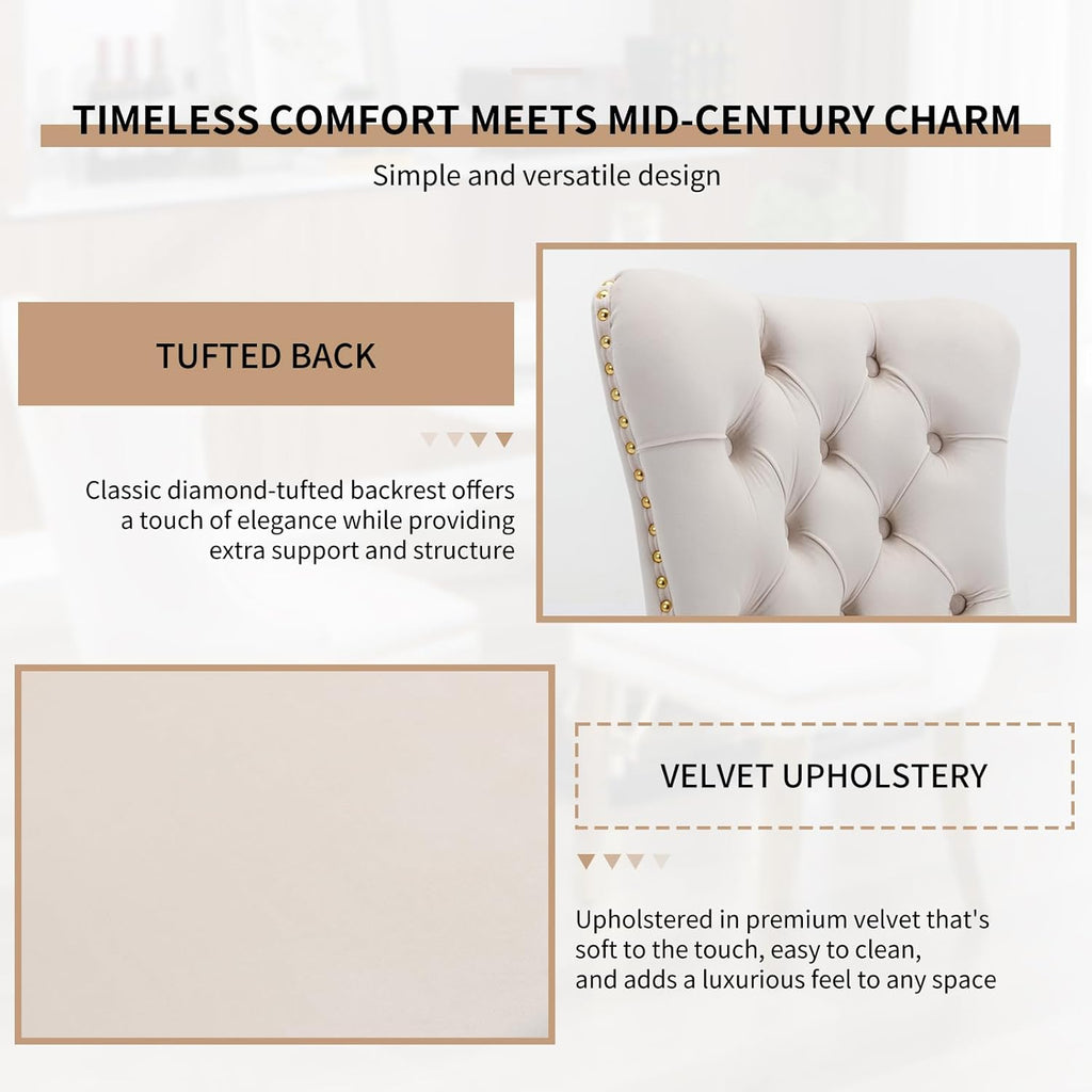 Mid Century Modern Dining Chairs Set of 4, Beige Velvet Upholstered Tufted Back, Kitchen & Dining Room Chairs, Gold Metal Legs, Nailhead Trim, Sillas para Comedor (Beige, 4 Pcs)