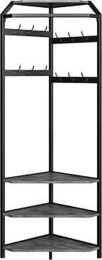 Takywep Corner Hall Tree Coat Rack with Shoe Bench, Entryway Coat Rack 12 Double Hooks & Top Storage Shelf, Freestanding Clothes Rack Shoes Shelf Organizer for Home Office Bedroom Closet, Grey