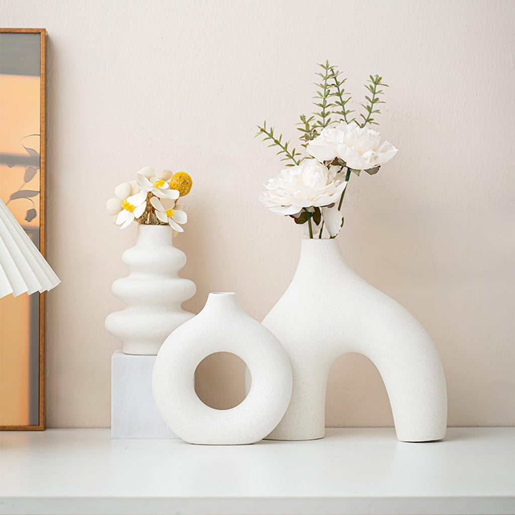 White Ceramic Vase Set of 3,Neutral Boho Nordic Minimalism Style Flower Vases for Living Room Wedding Table Party Office Bedroom
