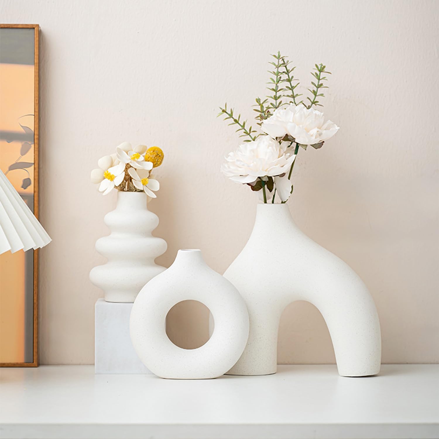 White Ceramic Vase Set of 3,Neutral Boho Nordic Minimalism Style Flower Vases for Living Room Wedding Table Party Office Bedroom