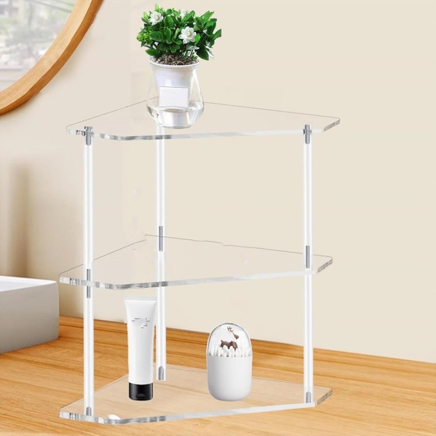 Acrylic Side Table, 3 Tier Corner Shelf Stand End Table Corner Display Rack Storage Shelf for Bathroom
