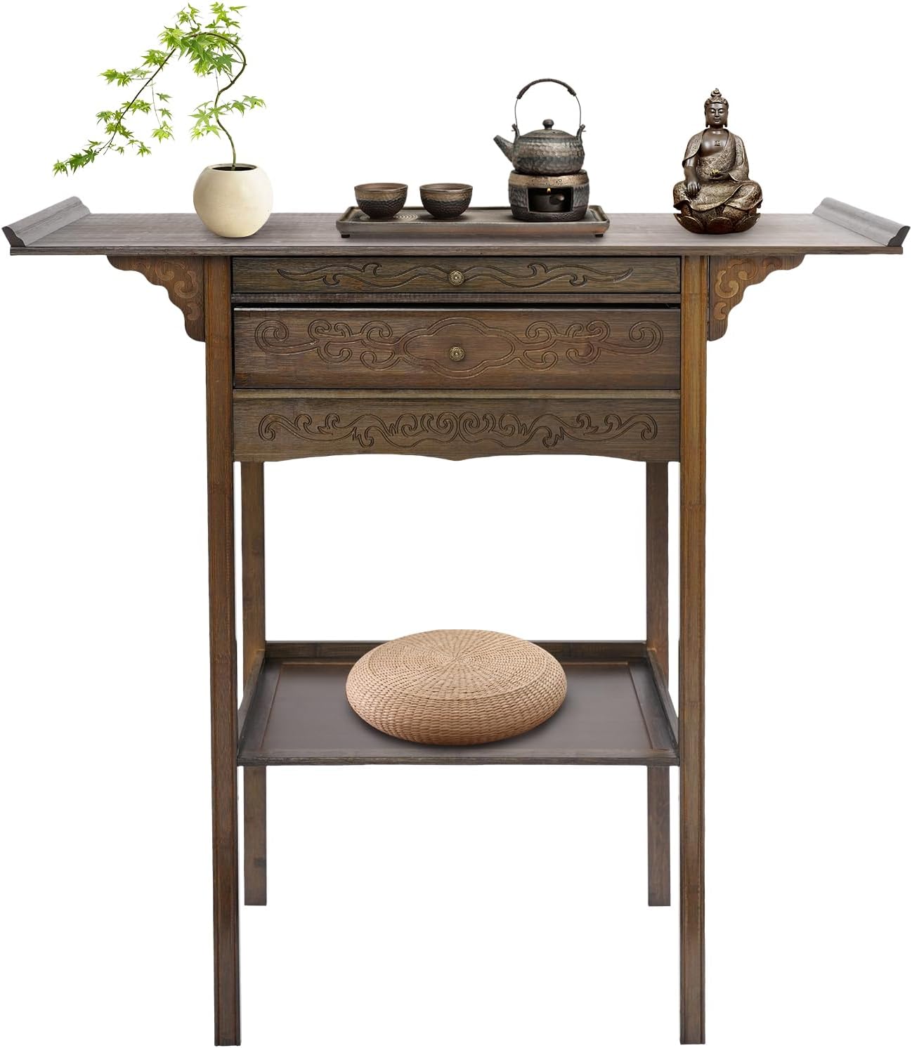 Free Standing Altar Table, Retro Chinese Meditation Table Bamboo Altar Table with Storage & Drawers Prayer Shrine Desk for Home Shrines Ancestral Halls Temples