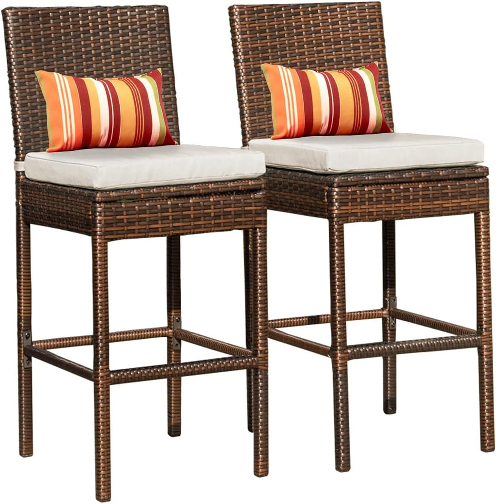 Sundale Outdoor Bar Stools 30 Inch Seat Height Set of 2, Patio Wicker Counter Stools with Back Rest, High Brown Rattan Chair with Pillow & Beige Cushion, All-Weather Armless Tall Pub Barstool