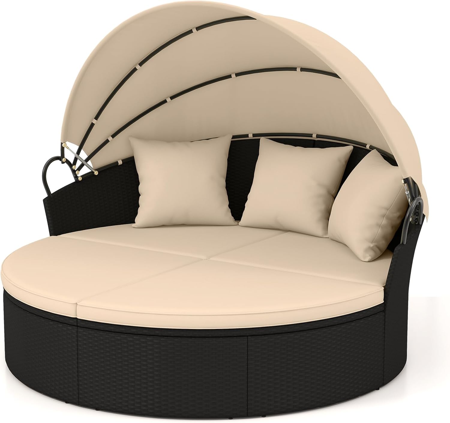 HAPPYGRILL Round Outdoor Daybed with Canopy, Wicker Rattan Sectional Sofa with Cushions, Patio Conversation Set for Lawn Garden Backyard Poolside (Black Beige No Table)