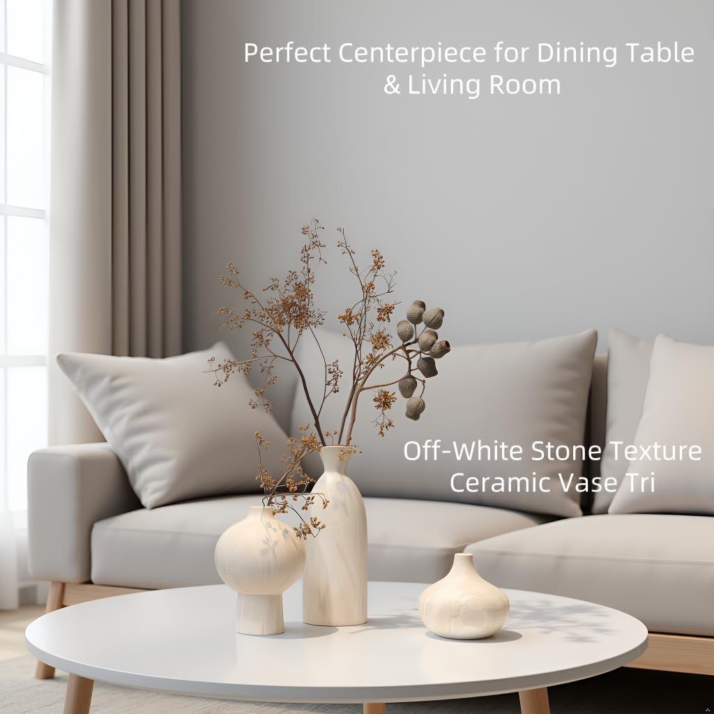 White Ceramic Vase Set of 3 in Beige, Modern Aesthetic Stone-Look Textured Pottery Vases for Shelf & Bookshelf Home Decor, Neutral Minimalist Decorative Vases for Flowers & Pampas Grass
