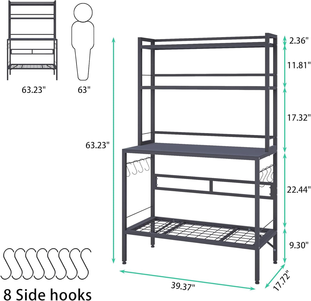 Outdoor Potting Bench Table with Storage, 63" Tall Metal Garden Workstation, 4-Tier Plant Stand Shelves with 8 Hooks, Heavy Duty All-Weather Potting Table for Patio, Backyard, Balcony, Gray