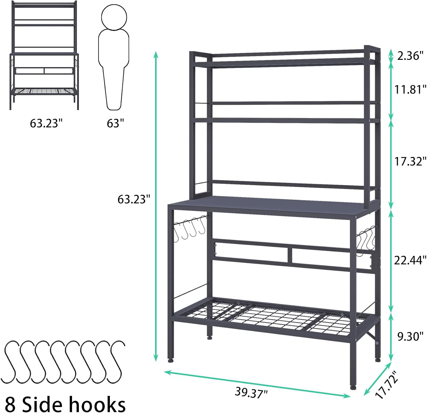 Outdoor Potting Bench Table with Storage, 63" Tall Metal Garden Workstation, 4-Tier Plant Stand Shelves with 8 Hooks, Heavy Duty All-Weather Potting Table for Patio, Backyard, Balcony, Gray