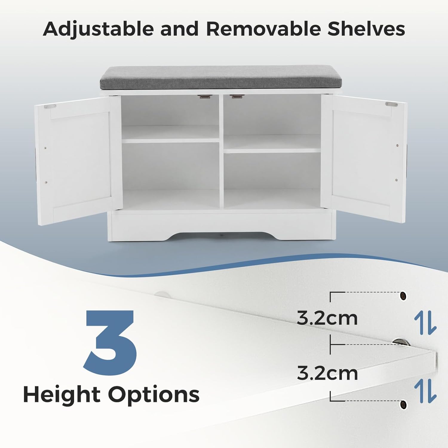 DUMOS Shoe Storage Bench, 28" Wide Shoe Organizer Cabinet with Padded Seat Cushion, 2 Doors, Adjustable Shelf for Entryway, Hallway, Bedroom, Living Room, White