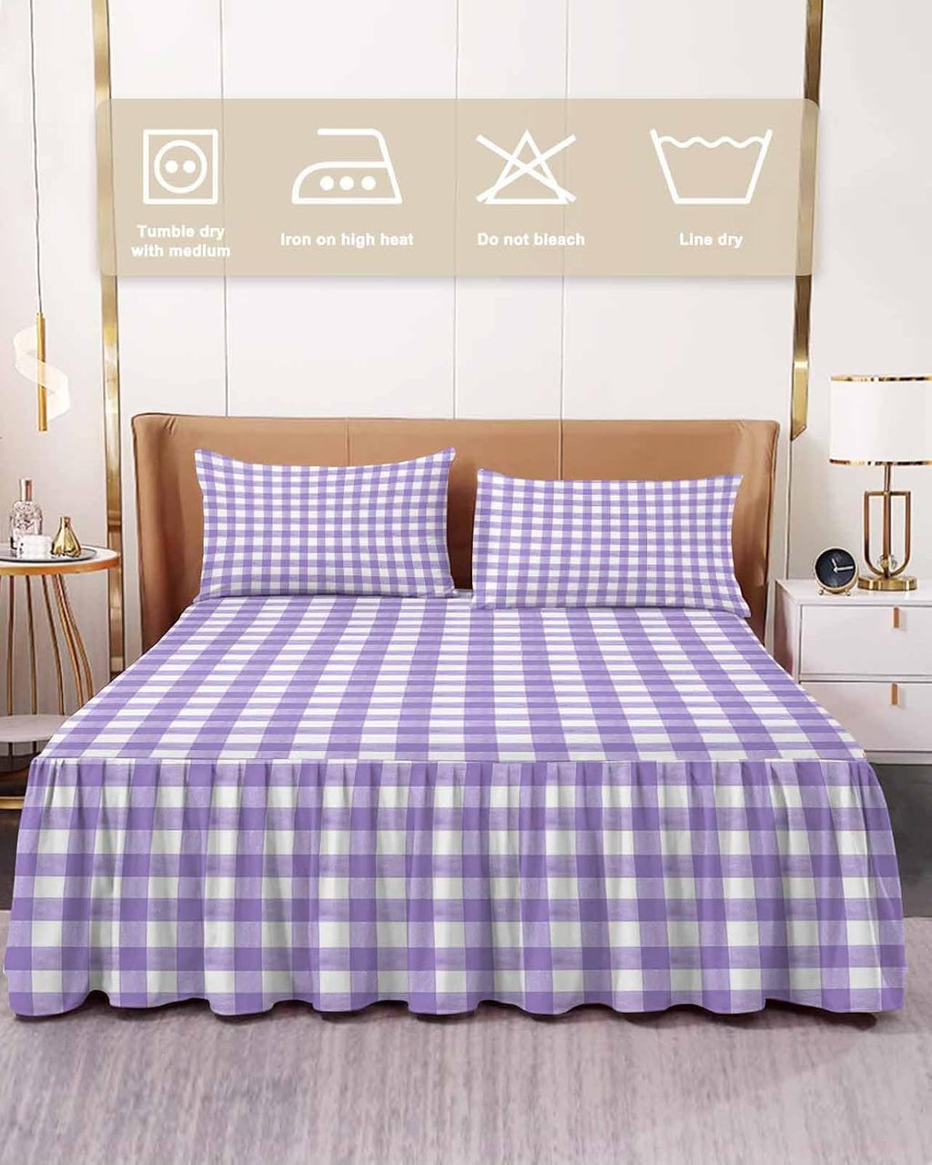 Purple White Checkered Plaid Full Size Ruffle Bed Skirt,Luxury Bedskirt Gradient Buffalo Check Bed Sheet Set with 2 Pillow Shams for Bedroom Decor,18" Tailored Drop Ruffle