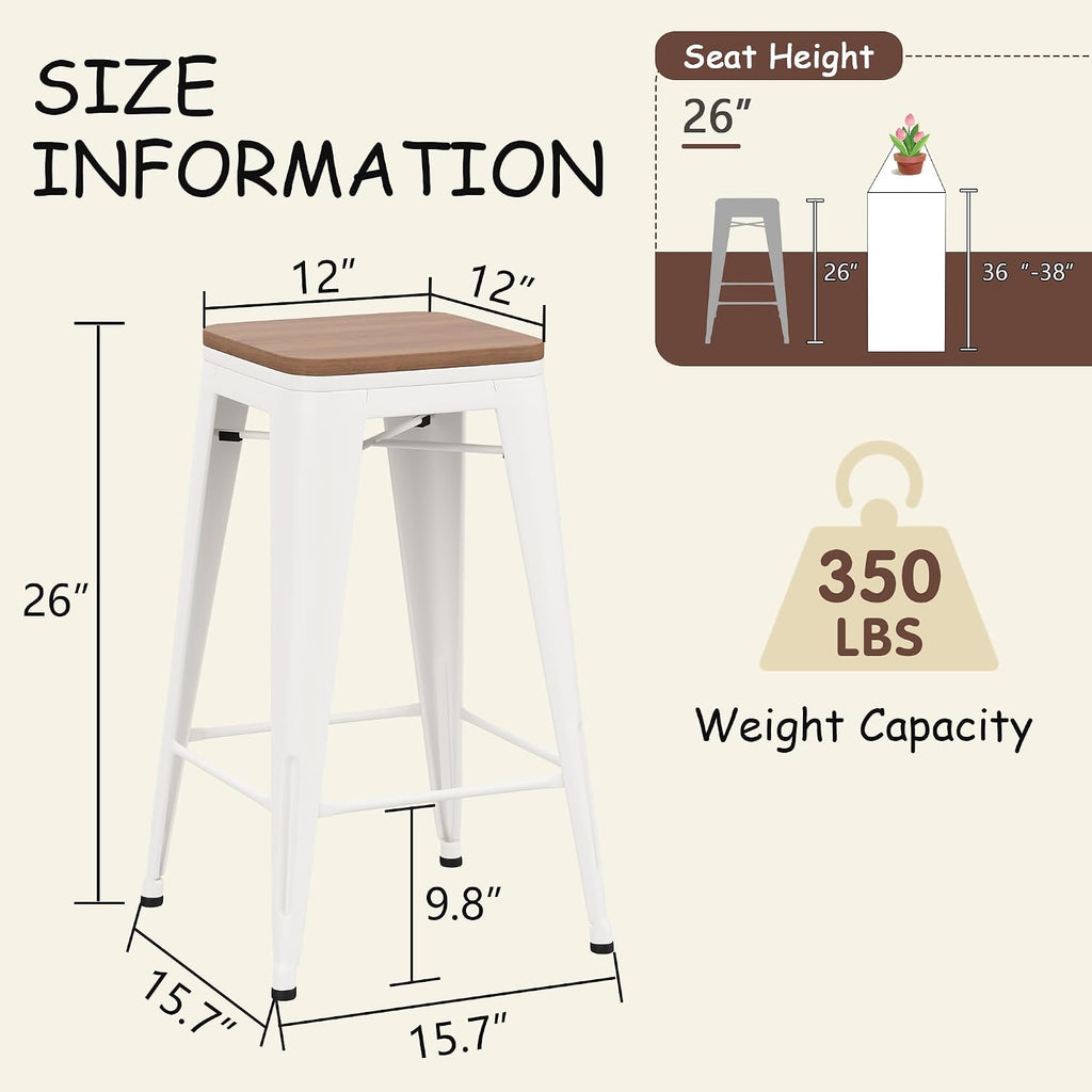 Andeworld Bar Stools Set of 2 Stackable Metal Bar Stools Industrial Counter Height Stools Backless Barstools with Wooden Seats (26 inch, White with Wooden Seats)