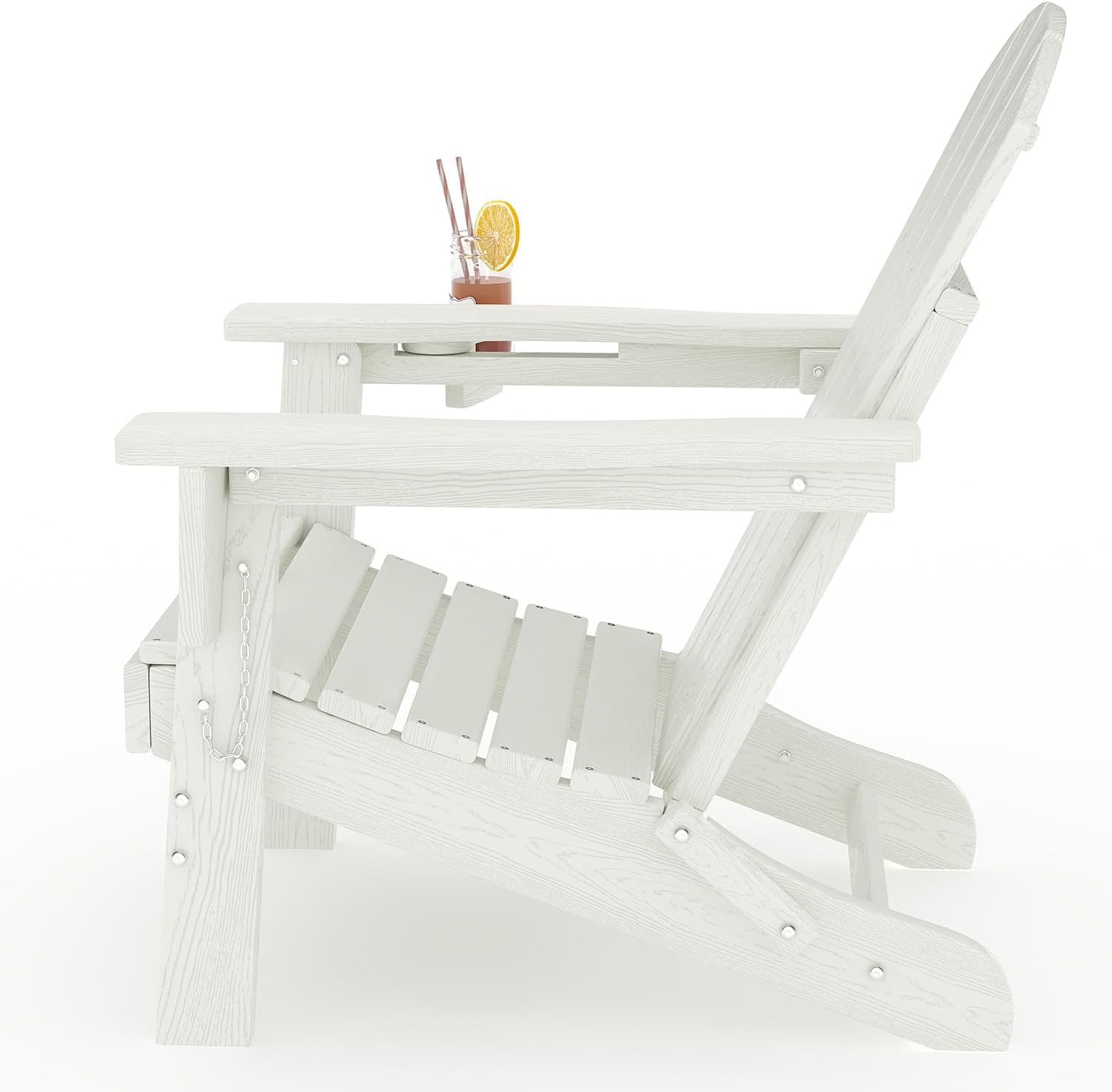 Garvee Folding Adirondack Chair, HDPE Outdoor Patio Chair with Cup Holder, All Weather Resistent Wooden Textured for patios, Decks, Gardens, fire Pit, White