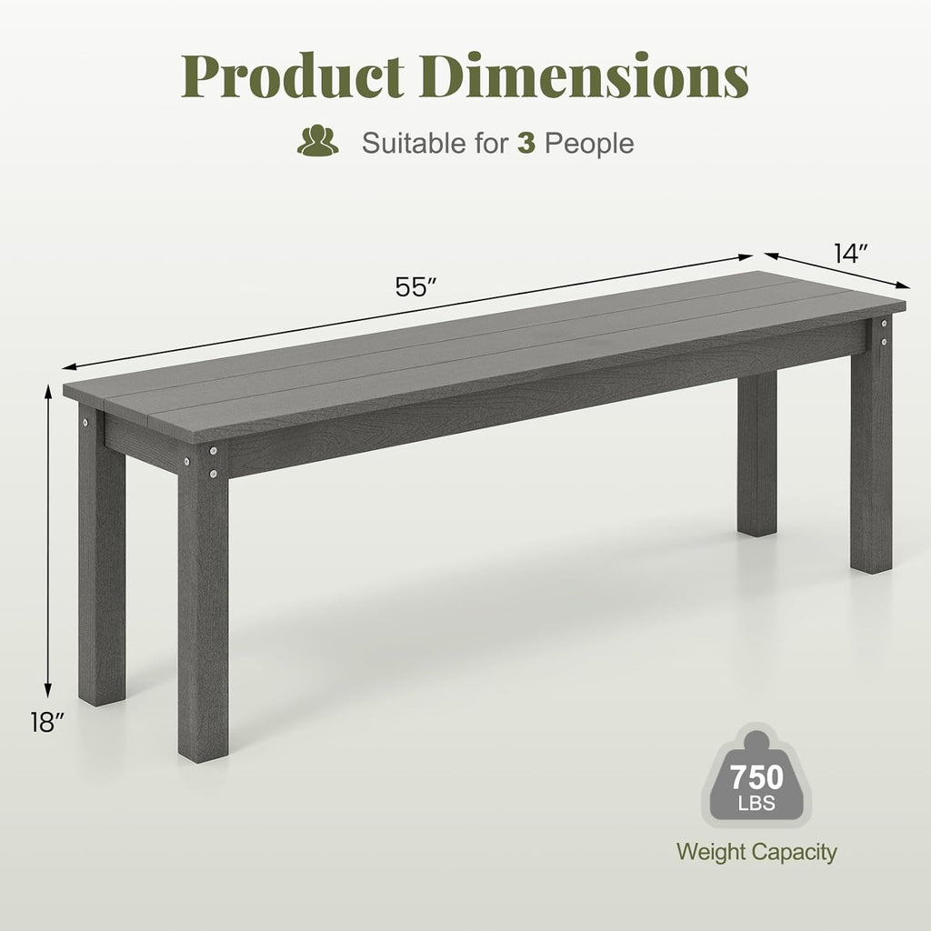 Tangkula HDPE Outdoor Bench, 2-3 Person Patio Bench, 55" Backless Garden Dining Bench with Slatted Seat, Weatherproof Park Bench for Entryway, Porch, Lawn & Backyard (Grey,1)