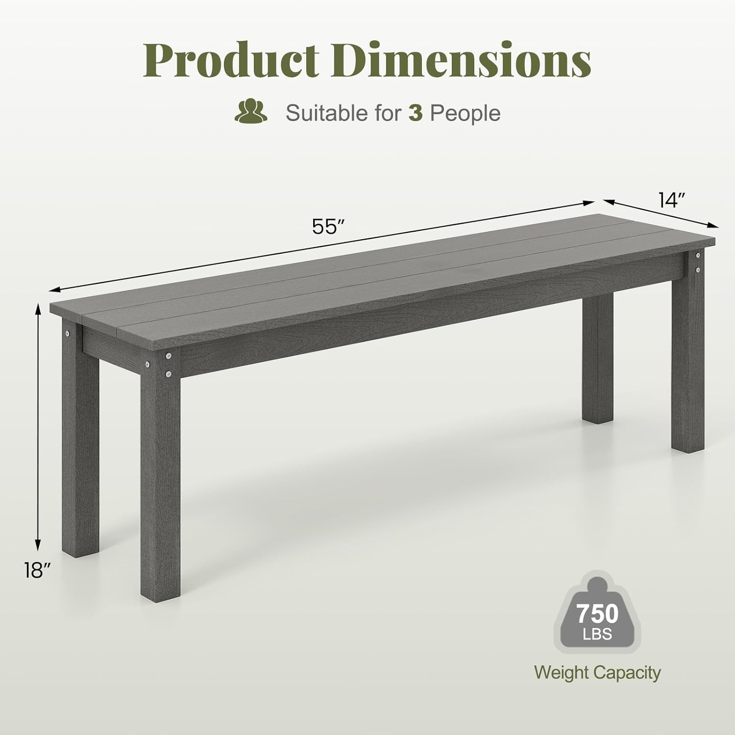 Moccha HDPE Outdoor Bench, 55" Patio Bench with Slatted Seat &750 Lbs Capacity, Weatherproof Outside Seating Furniture, 2-3 People Backless Garden Bench, Loveseat for Entryway, Porch, Lawn & Backyard