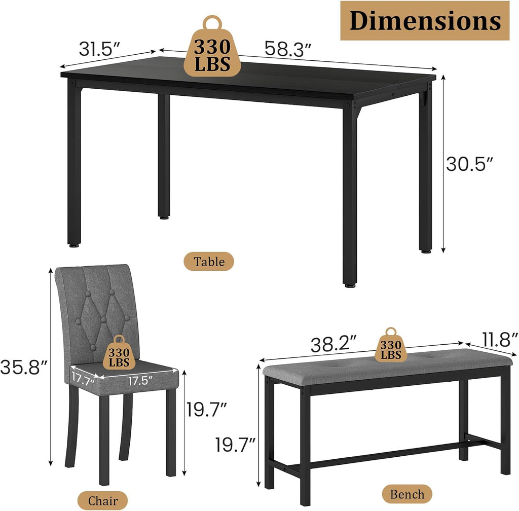 Rovibek Dining Table Set for 6, Rectangle Kitchen Table Set with 2 Upholstered Chairs & 2 Benches, 5-Piece Space Saving Dinner Table & Chairs Set for Dining Room, Kitchen, Restaurant, Grey & Black