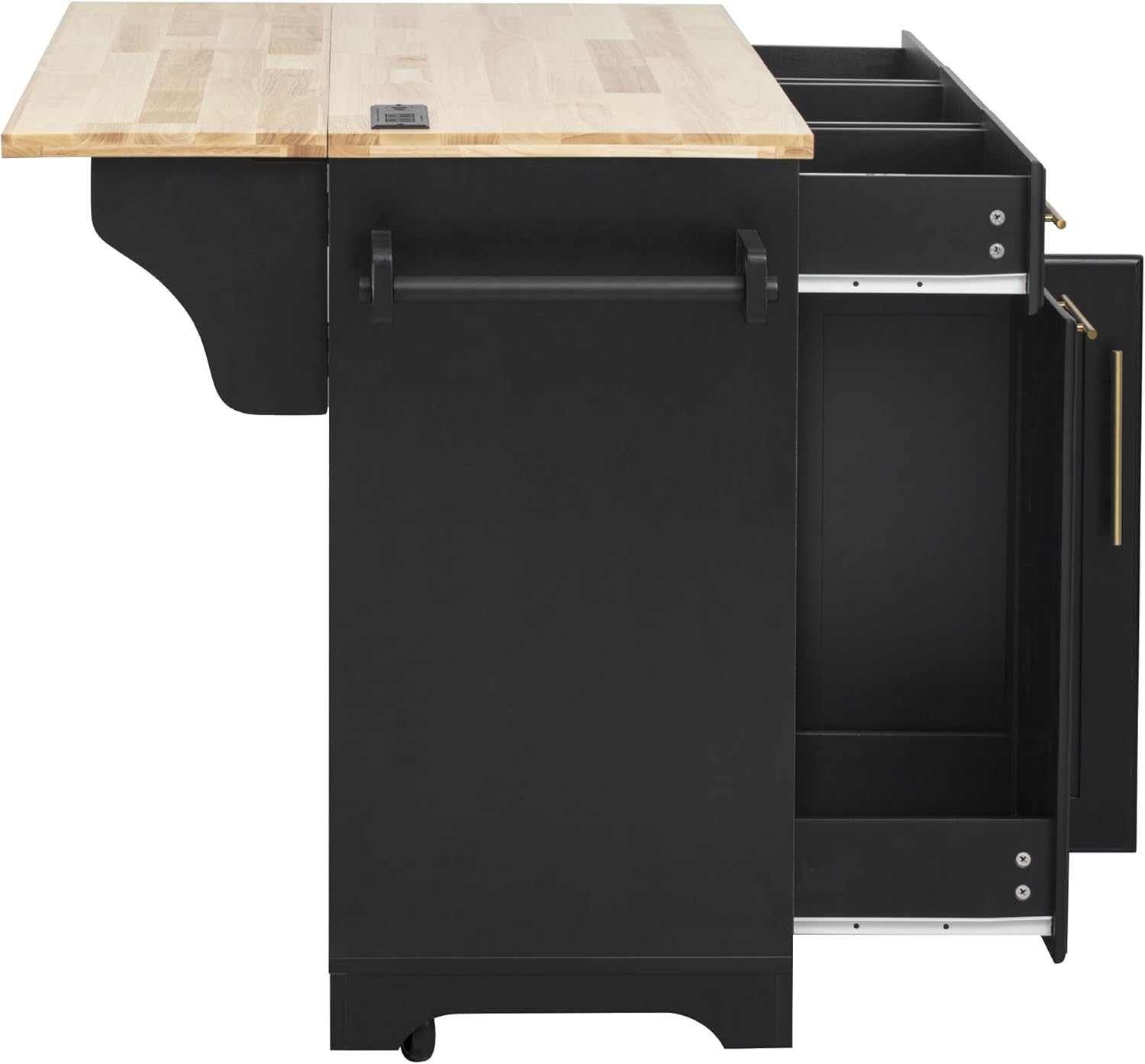 Merax 59.3" Black Kitchen Island with Storage, 2 Pull Out Cabinet Organizers & Rubber Wood Drop Leaf, Rolling Island Table with Trash Can Storage, Power Outlet, Spice & Towel Rack for Kitchen Dining