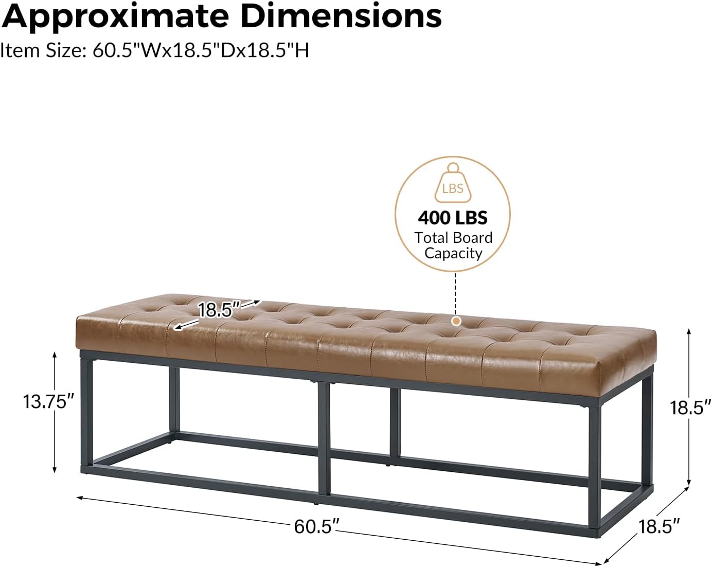 HULALA HOME 61" Faux Leather Bench with Metal Base, Upholstered Bedroom Bench for End of Bed, Button-Tufted Footstool for Entryway Living Room Dining Room, Camel