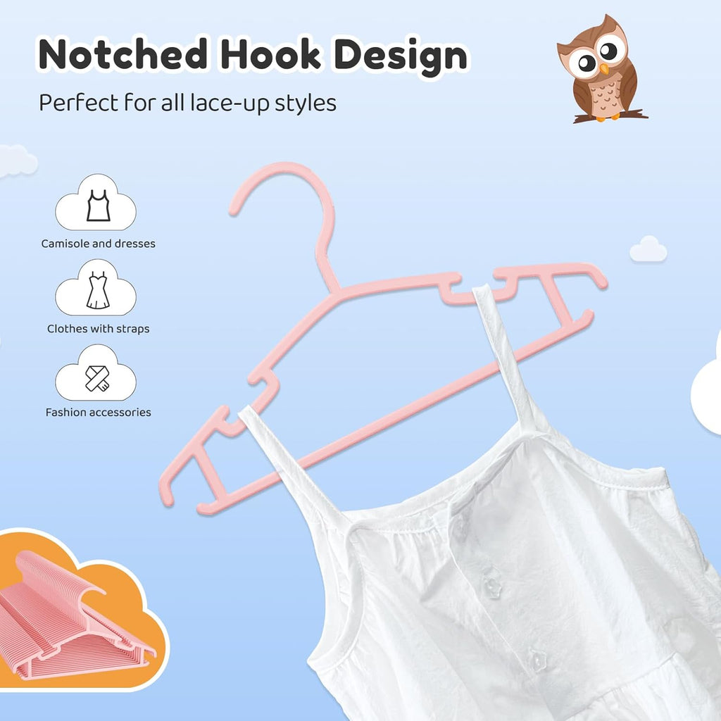 Baby Hangers 100 Pack Non-Slip Kids Plastic Hangers for Closet, Space Saving Toddler Hanger for Infant Clothing, Childrens Hanger Pink