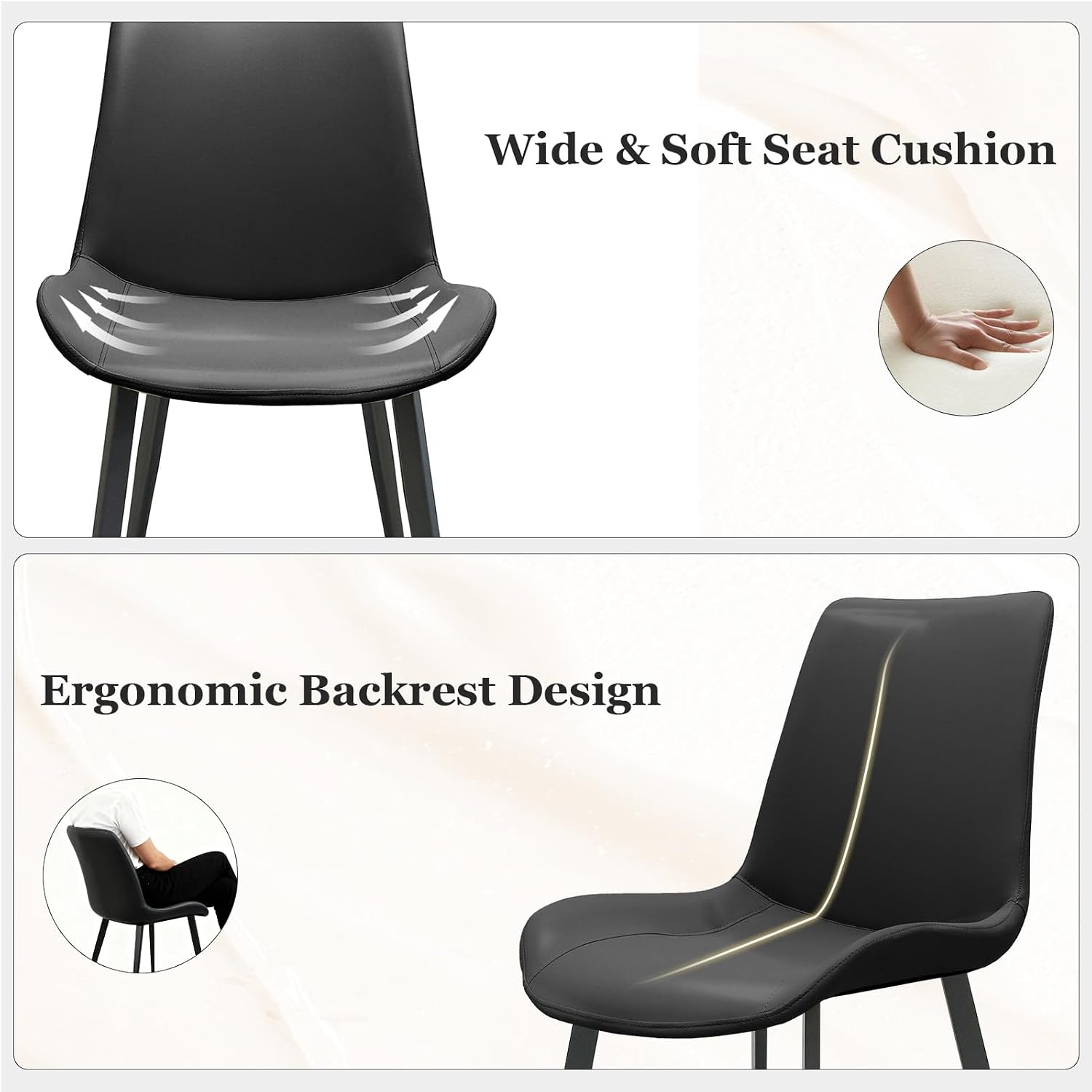 Black Dining Chairs Set of 4, PU Leather Dining Room Chairs, Upholstered Kitchen Chairs with Ergonomic Backrest & Sturdy Metal Legs, Perfect for Dining Room, Living Room, Black