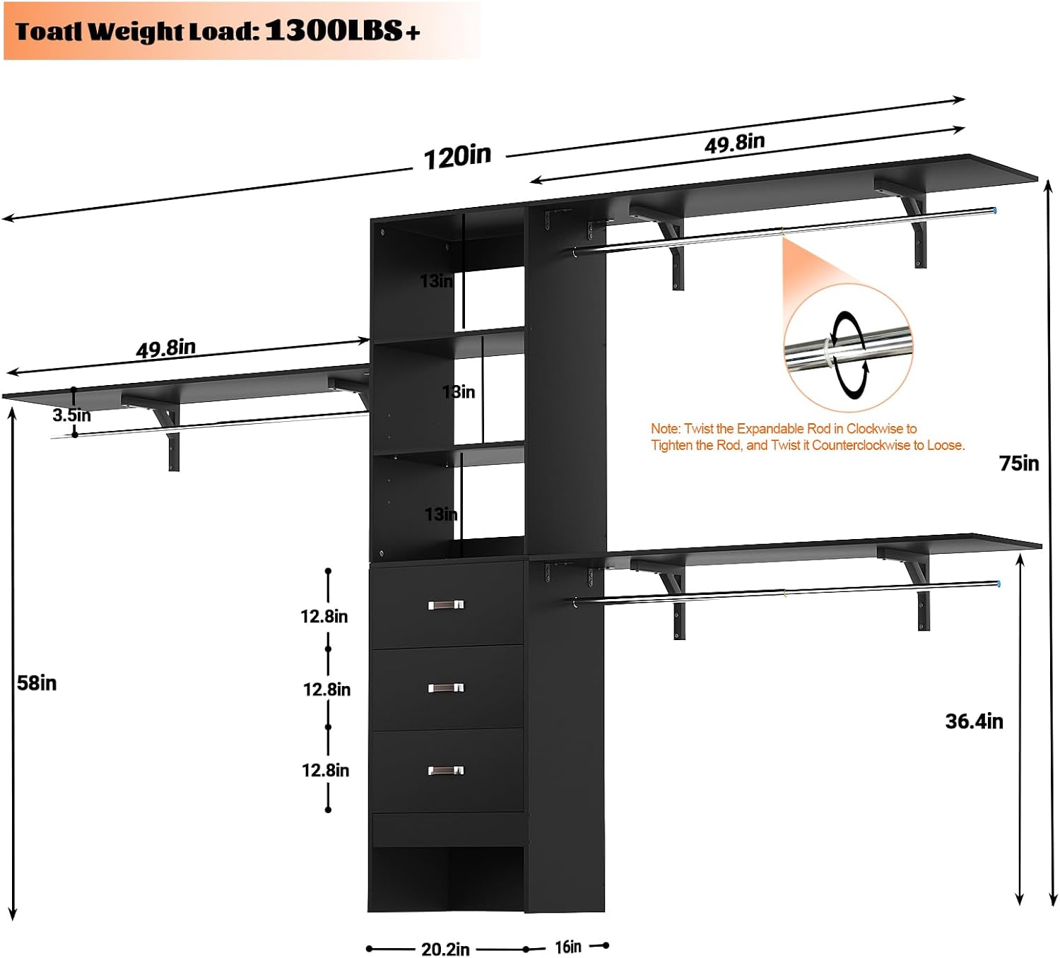 Armocity 120 Inches Closet System, 10FT Walk In Closet Organizer with 3 Shelving Towers, Heavy Duty Clothes Rack with 3 Drawers, Built-In Garment Rack, 120" L x 16" W x 75" H, Max Load 1300 LBS, Black