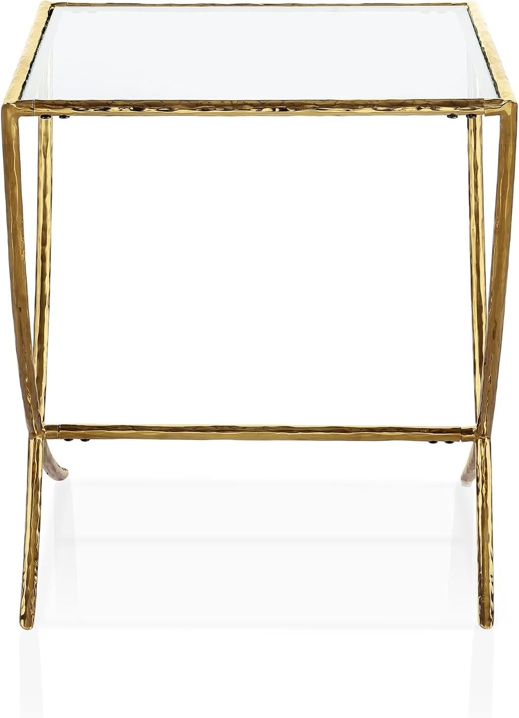 Furniture of America Zayen Glam 22-inch Metal Side Table with Tempered Glass Tabletop and Curved Base, Hammered Stainless Steel Frame for Bedroom, Living Room, Home Office, Gold