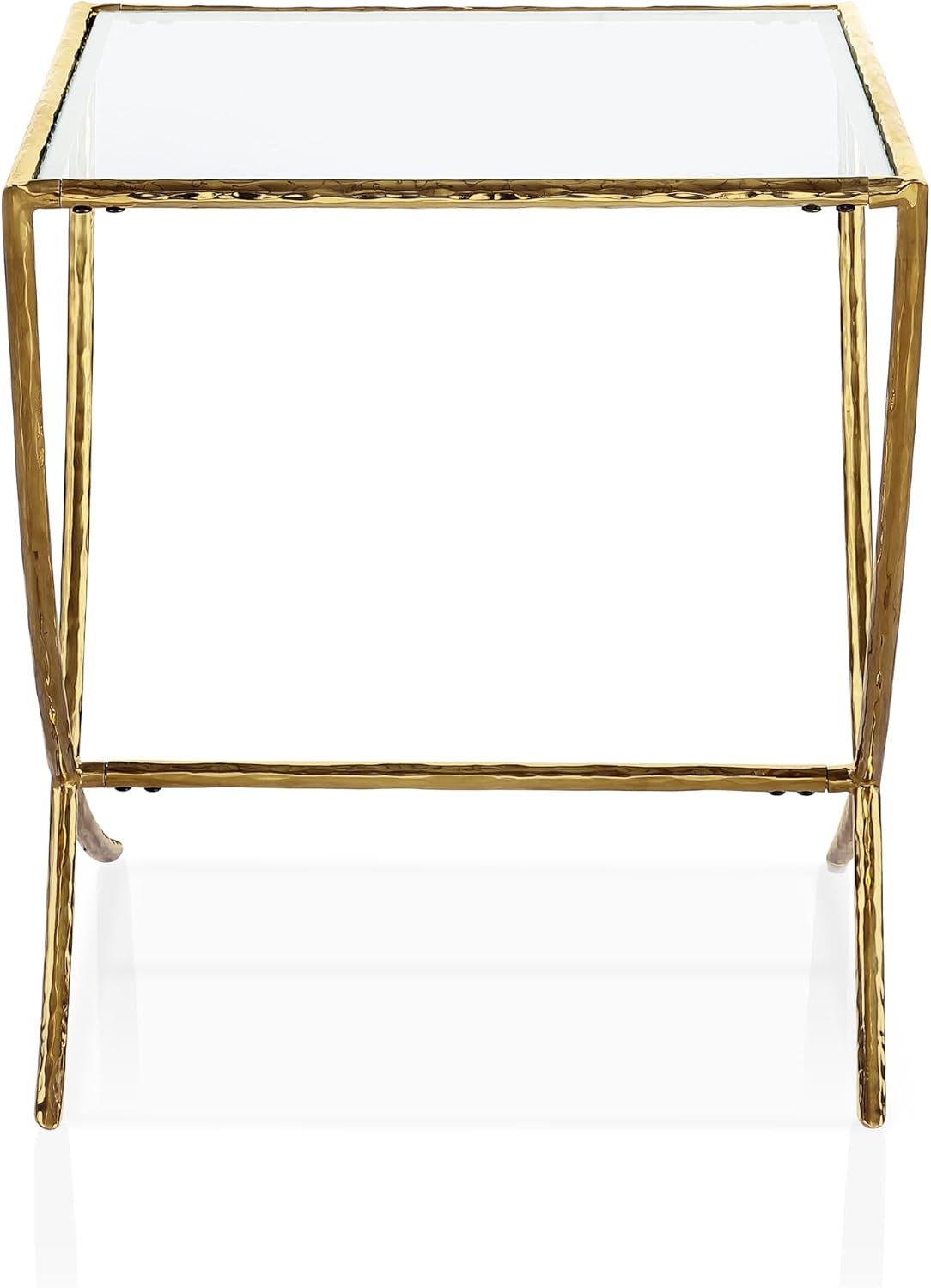 Furniture of America Zayen Glam 22-inch Metal Side Table with Tempered Glass Tabletop and Curved Base, Hammered Stainless Steel Frame for Bedroom, Living Room, Home Office, Gold