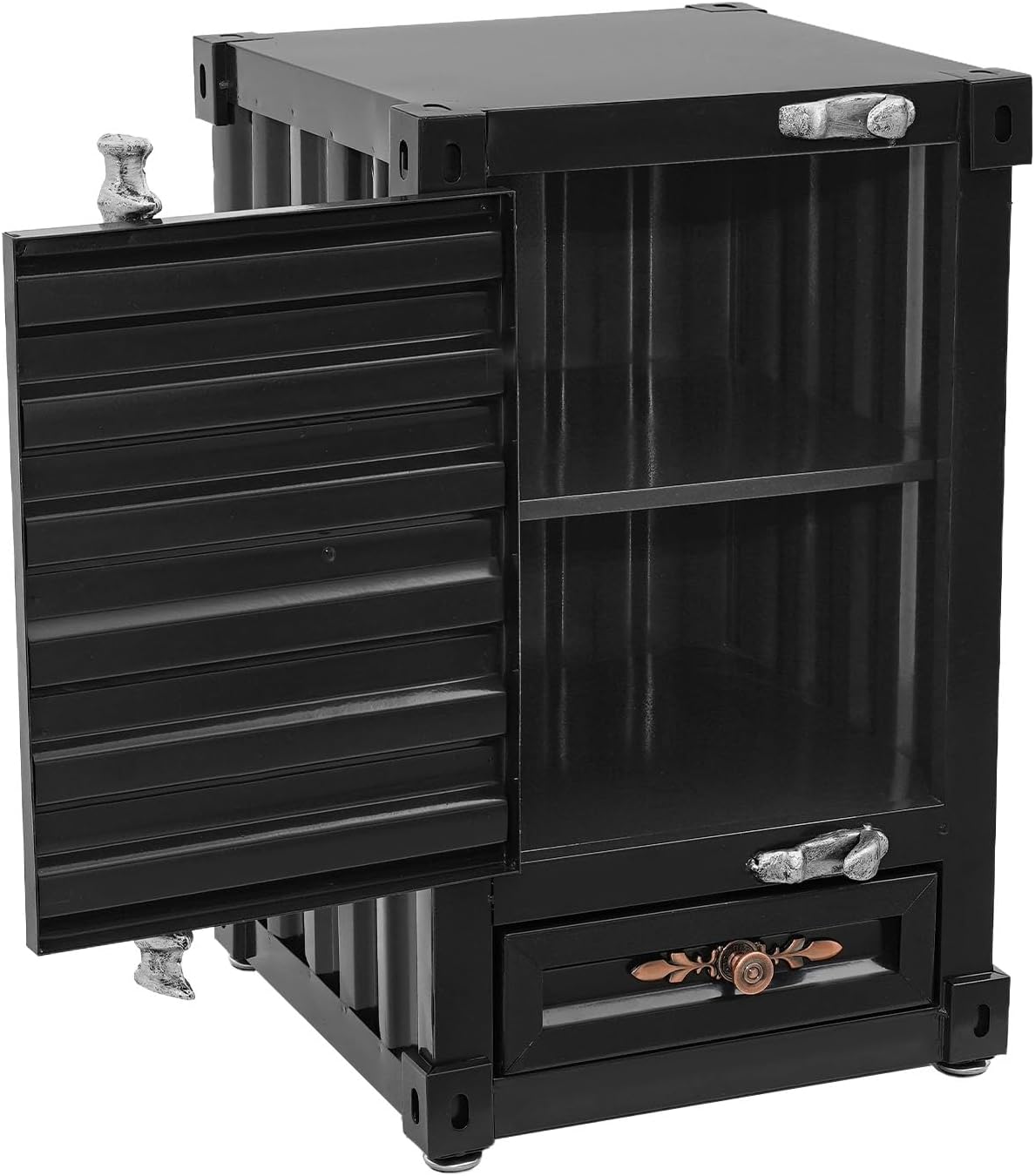 12.6x12.6x19.7in Industrial Style Beside Table, Metal Container Side Table with Drawer, Vintage Container Style Locker Wrought Storage Cabinet for Bedroom/Bar/Garage (Black)