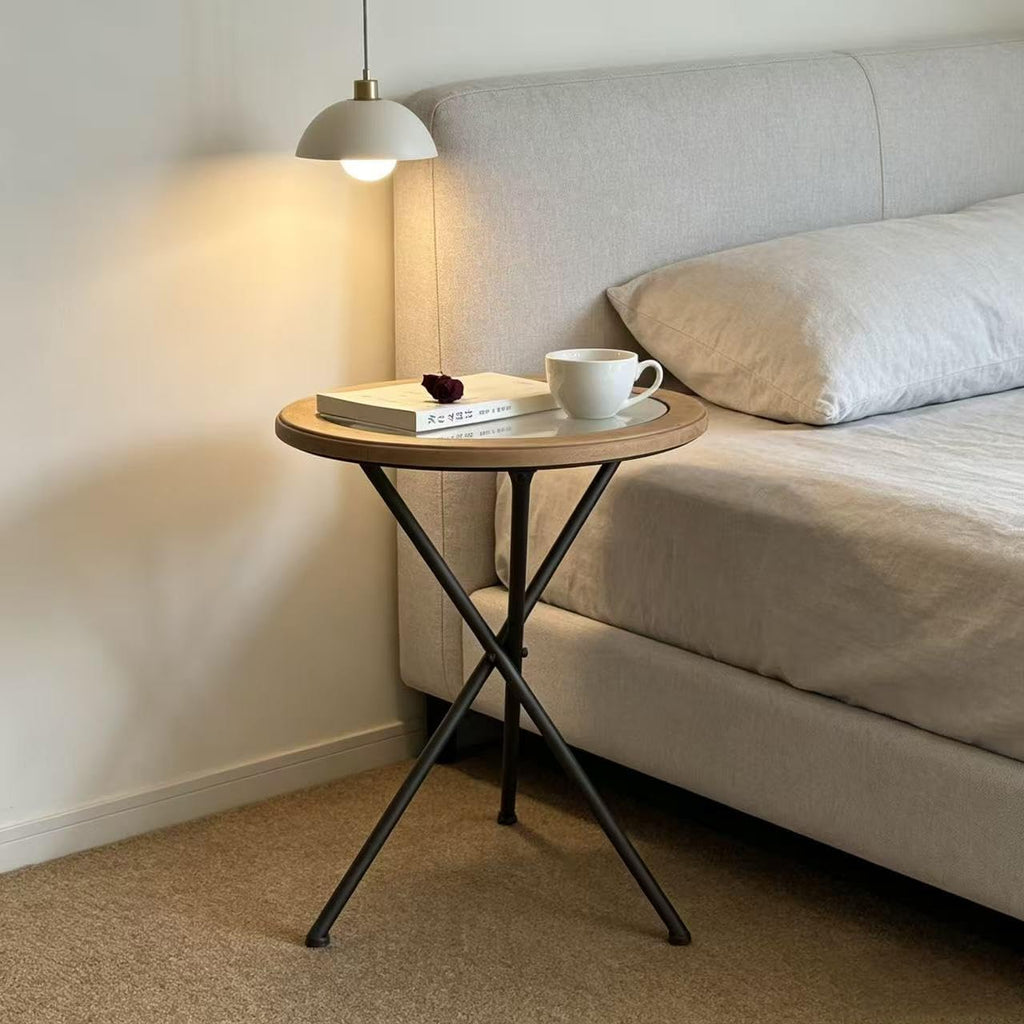 Premium Round Solid Wood Glass Top Side Table, Mid-Century Modern Industrial Accent End Table with Metal Tripod Legs for Living Room, Bedroom, Balcony & Small Spaces