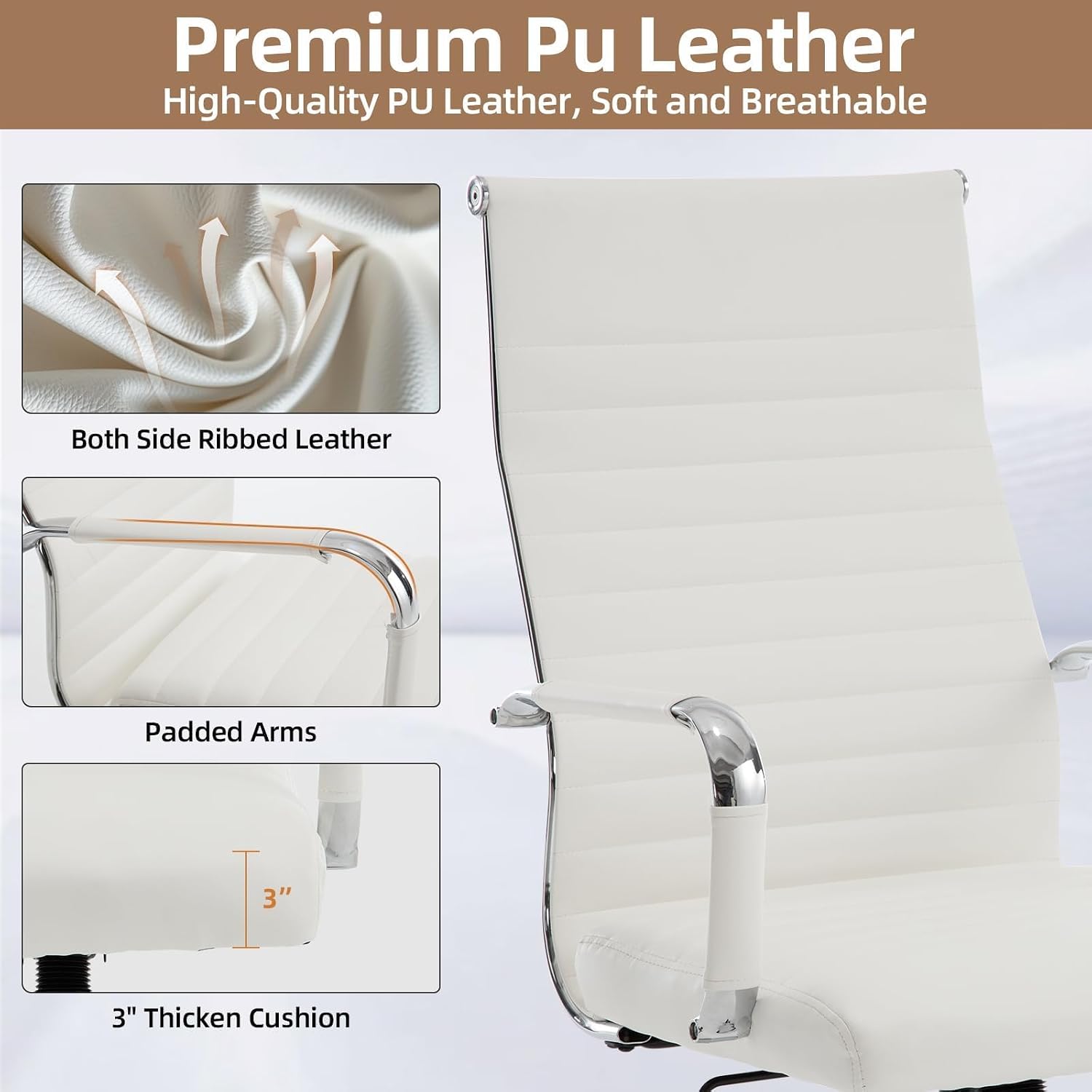 Office Chair, Adjustable Desk Chair, Mid-Back Ergonomic Conference Room Chairs, Comfortable Leather Executive Ribbed Computer Chair, Swivel Chair with Casters for Home Office