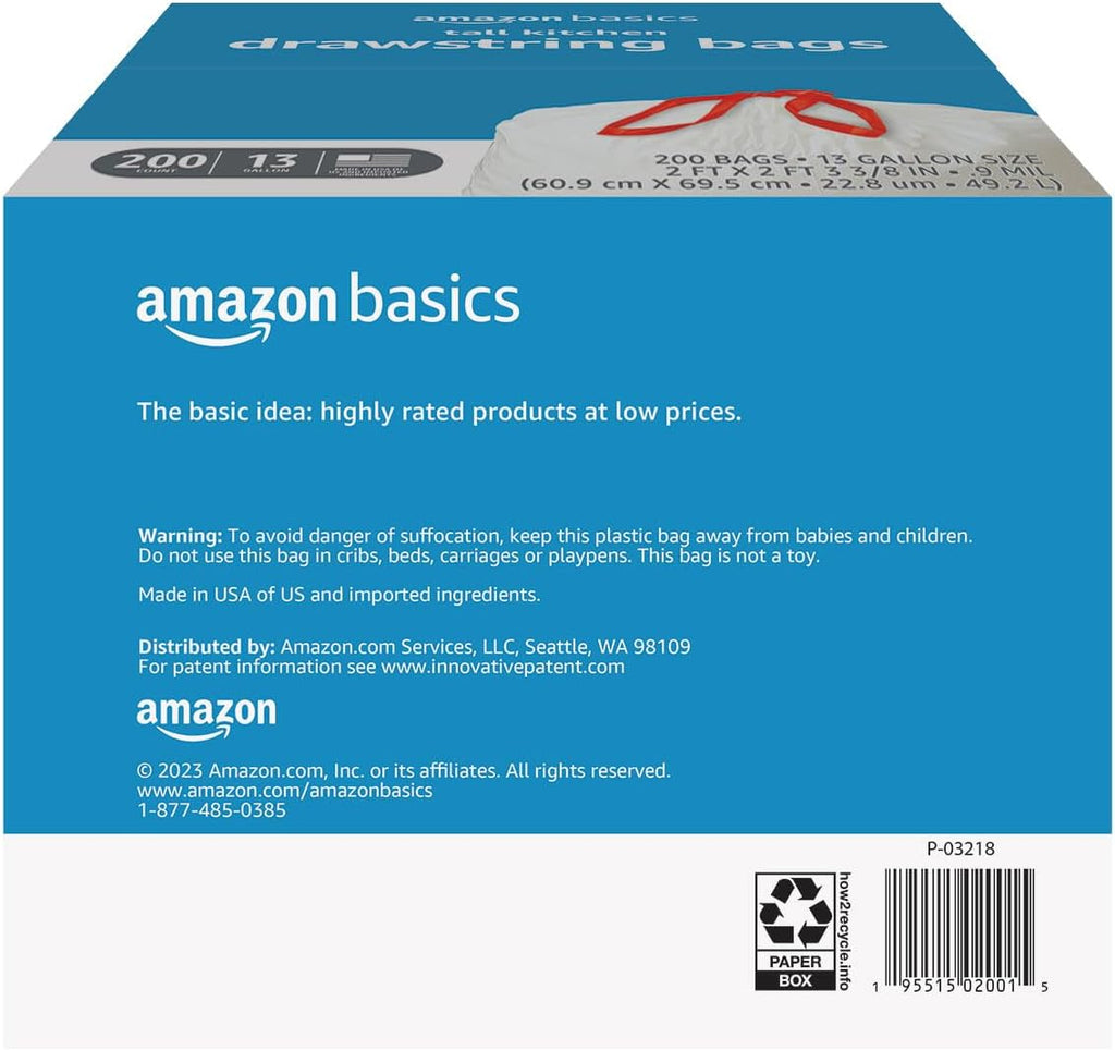 Amazon Basics Tall Kitchen Drawstring Trash Bags, Sturdy, 13 Gallon, Unscented, 200 Count