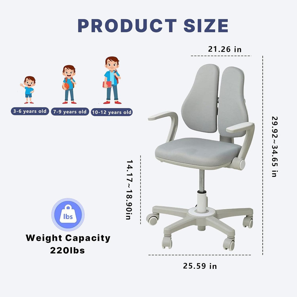 Kids Desk Chair, Ergonomic Study Chair for Kids with Lumbar Support， Adjustable Height, Flip-Up Armrests, Adjustable Backrest for Home Bedroom