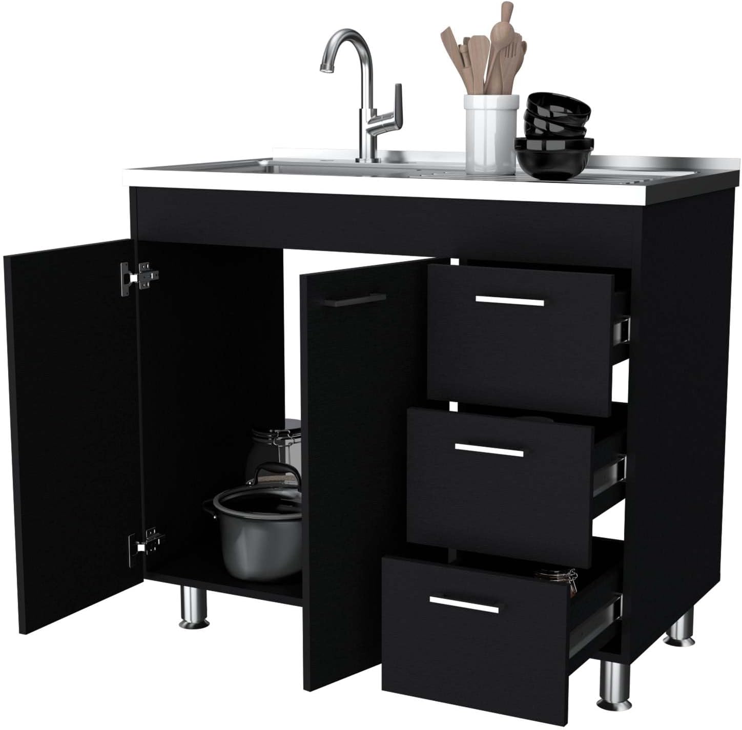 Black 2-Door 3-Drawer Kitchen Cabinet