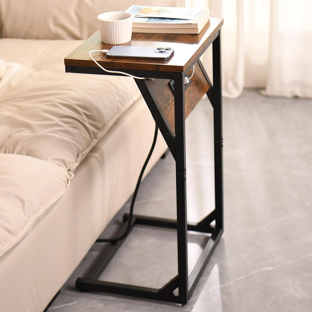 C-Shaped Side Table & End Table, Built-in Power Station (2 AC Outlets, 2 USB Ports) - Slide-in Design Sofa/Bedroom TV Tray, 15"x11"x23" Wood Top & Black Metal Frame