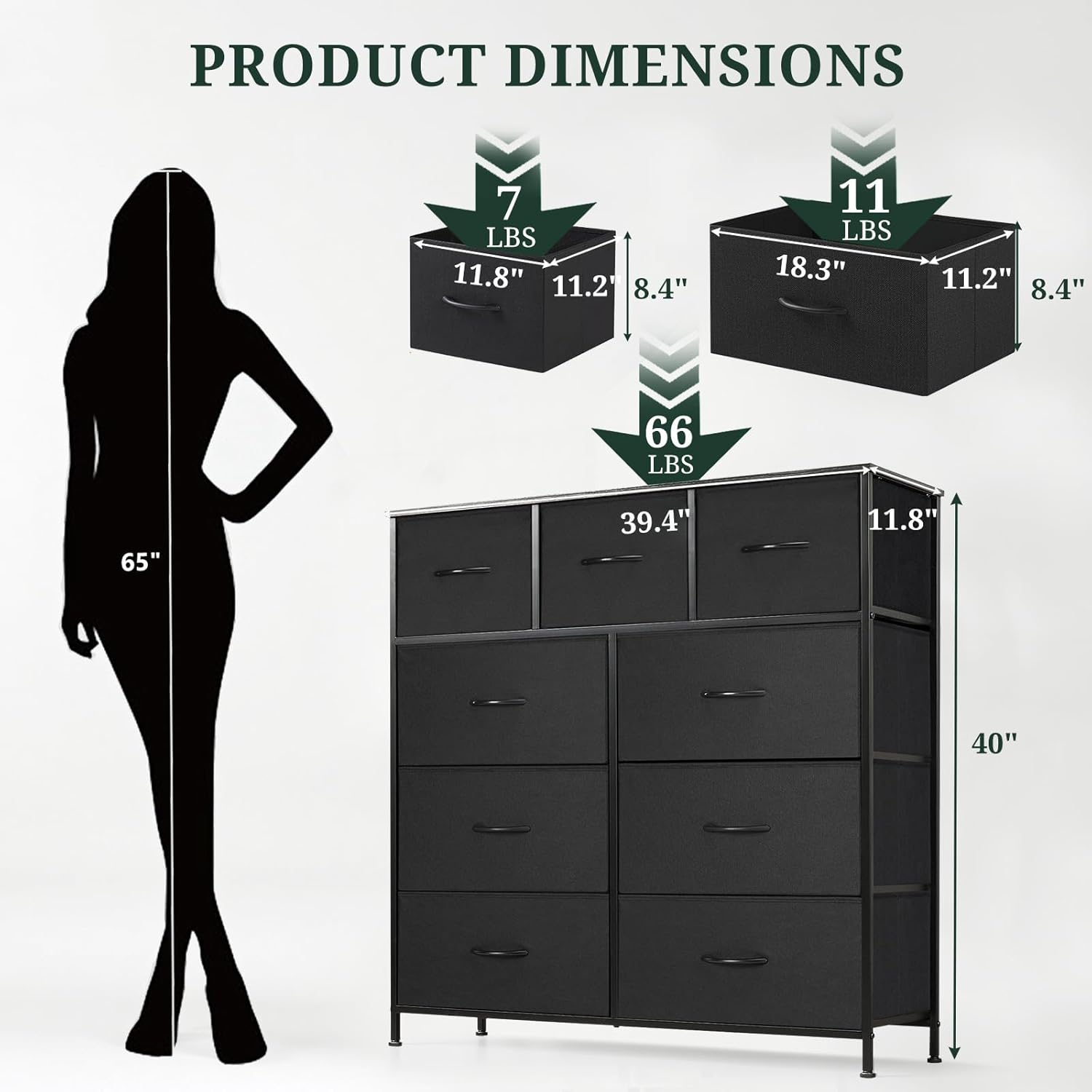 9-Drawer Dresser for Bedroom, Anti-Tip Tall Storage Organizer Chest of Drawers with Wooden Top and Metal Frame Fabric Bins for Closet, Living Room, Hallway, Entryway, Black