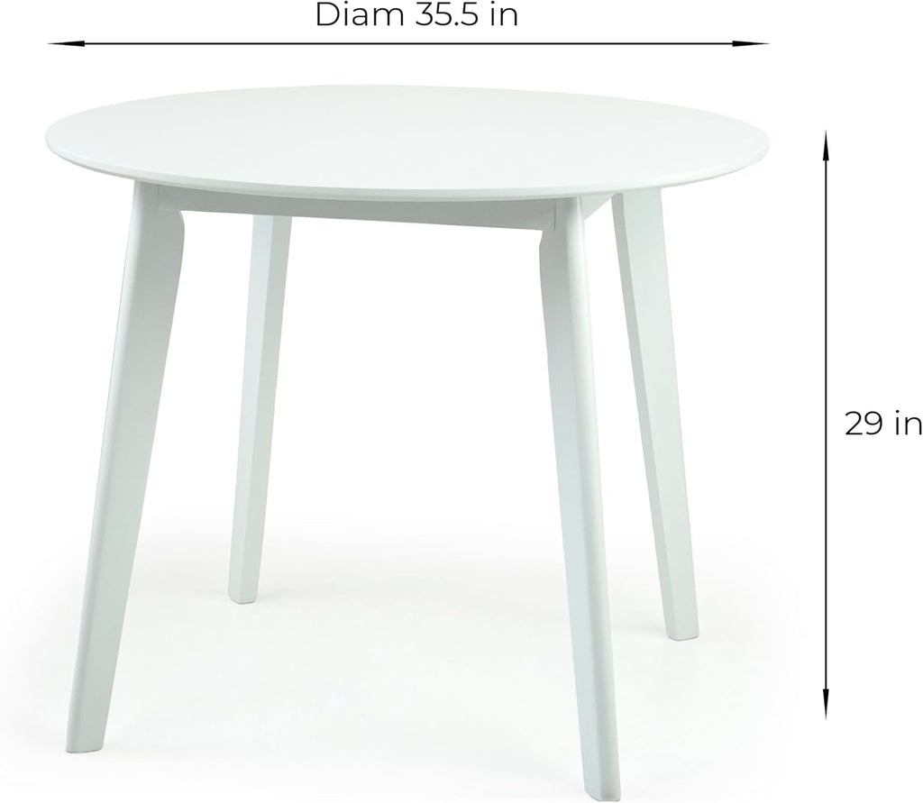 Set of 5 Dining Kitchen Round Table and 4 Yumiko Side Chairs Solid Wood w/Padded Seat, White Color