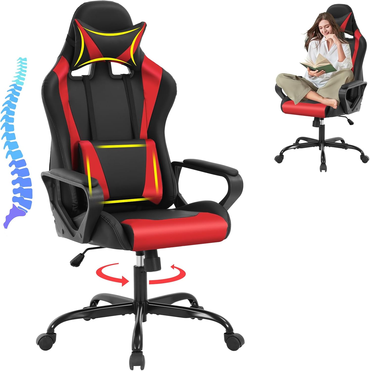 Modern Gaming Chair Ergonomic High Back PU Leather Office Chair with Lumbar Support, Red