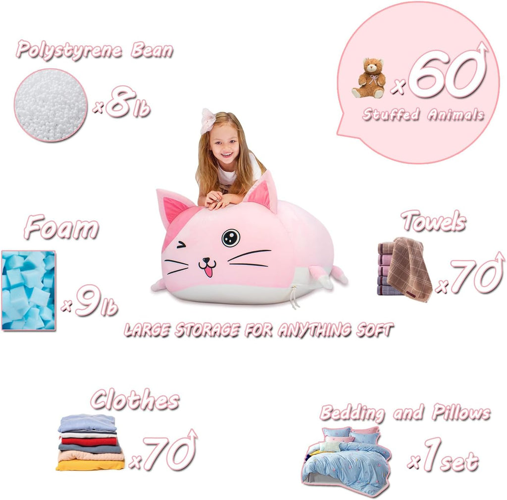 Anzitinlan Cute Cat Bean Bag Chair for Kids, Pink Stuffed Animal Storage Beanbag Chairs for Girls Room Decor, Extra Large Size, Velvet Super Soft Cover Only