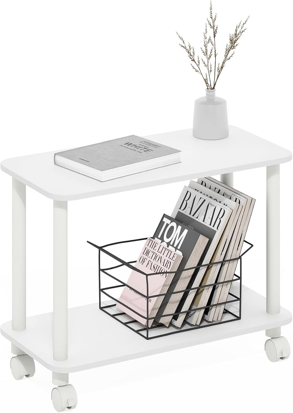 Modern End Table with Wheels 2 Tier Rectangular Side Table with Lockable Casters White Rolling Nightstand for Living Room Bedroom Small Spaces