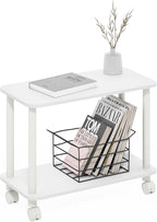 Modern End Table with Wheels 2 Tier Rectangular Side Table with Lockable Casters White Rolling Nightstand for Living Room Bedroom Small Spaces