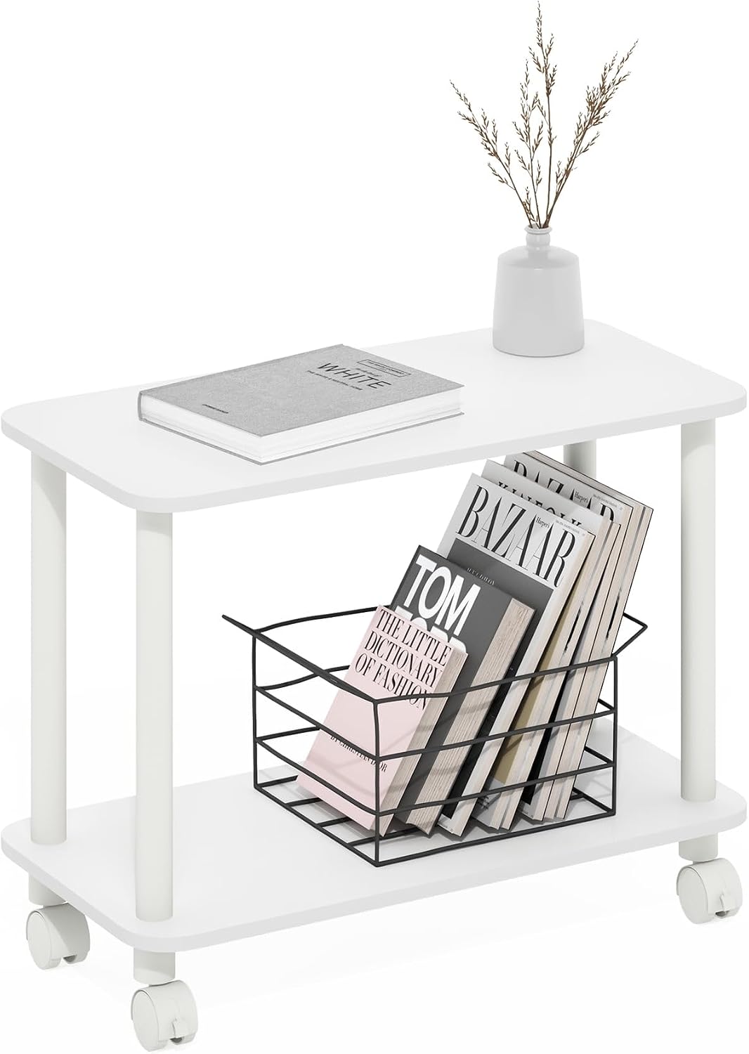 Modern End Table with Wheels 2 Tier Rectangular Side Table with Lockable Casters White Rolling Nightstand for Living Room Bedroom Small Spaces